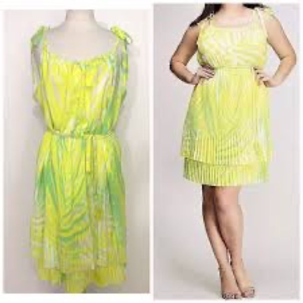 EUC Lane Bryant Lime Green and Yellow Sun Dress W/ Adjustable Ties Sz 14/16